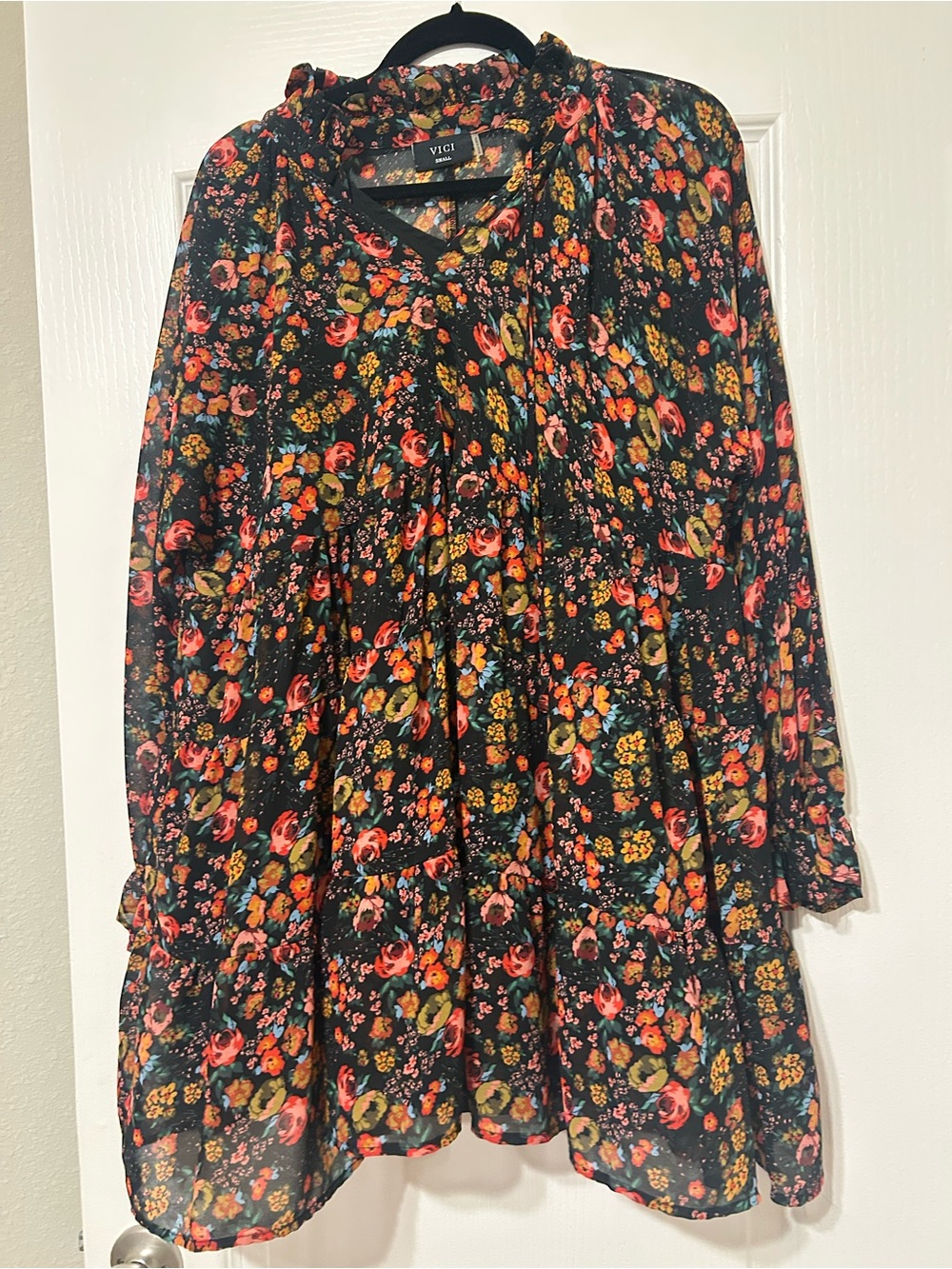 Vici Black Floral V-Neck Top with Red, Yellow and Pink Blooms